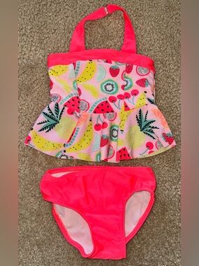 Girls Two-Piece Pink Fruit Print Swimsuit Set